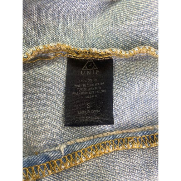 UNIF Womens Small Denim Jean Button Up Front Vest Distressed Destroyed Patches - Picture 12 of 12